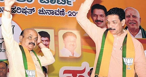 Chief Minister Basavaraj Bommai and BJP state president Nalin Kumar Kateel at an election campaign in Mysuru on Wednesday | Udayashankar S