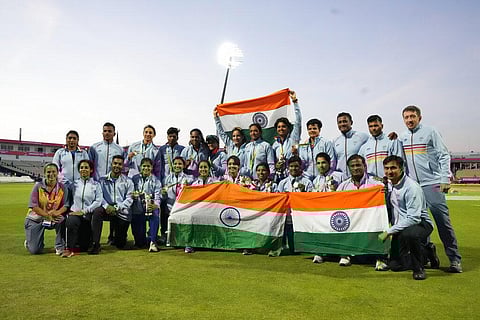 Members of Indian team celebrate after receiving silver medals after the women's cricket T20 final match between Australia and India at Edgbaston. (Photo | AP)