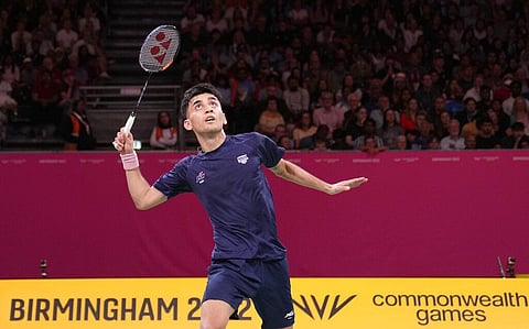 India's Lakshya Sen plays a return to Malaysia's Tze Yong Ng during their Men's single gold medal badminton match at the Commonwealth Games. (Photo | AP)