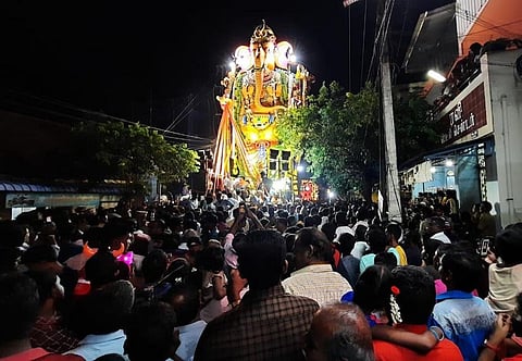 Residents gathering in a street to witness the idol procession in Nagapattinam | EXPRESS