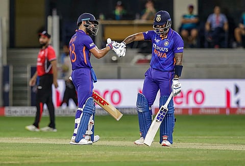 India's Virat Kohli and Suryakumar Yadav during the T20 cricket match of Asia Cup between India and Hong Kong. (Photo | PTI)