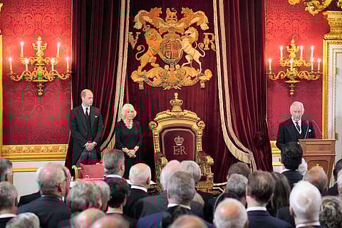 From left, Britain's Prince William, Camilla, the Queen Consort and King Charles III, before Privy Council members in the Throne Room at St James's Palace, London. (Photo | AP)