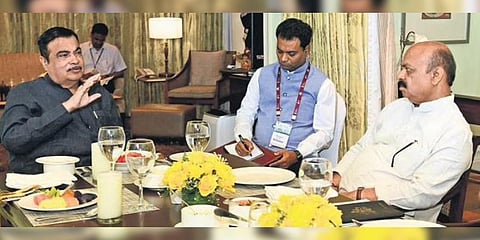 Union Minister for Roads and Highways Nitin Gadkari in conversation with  Chief Minister Basavaraj Bommai in Bengaluru on Friday