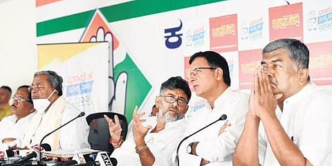 (Form left) Former CM Siddaramaiah, KPCC chief DK Shivakumar, AICC General Secretary Randeep Singh Surjewala, Congress leader BK Hariprasad on Friday | Nagaraja Gadekal