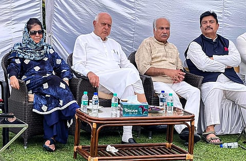 National Conference President Farooq Abdullah, PDP President Mehbooba and others during a all political party meeting in Jammu, Saturday, Sept. 10, 2022. (Photo | PTI)