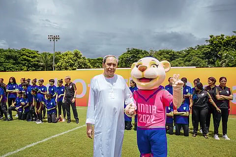 Odisha Chief Minister Naveen Patnaik with 'Ibha', mascot of FIFA U-17 Women's World Cup 2022. (Photo | PTI)