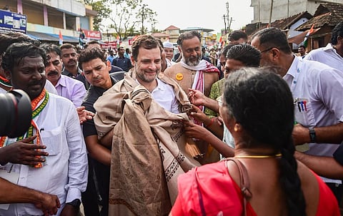 Congress leader Rahul Gandhi being felicitated by M. Vasanthakumari, said to be Asia's first woman bus driver, during the ongoing 'Bharat Jodo Yatra' of Congress. (Photo | PTI)