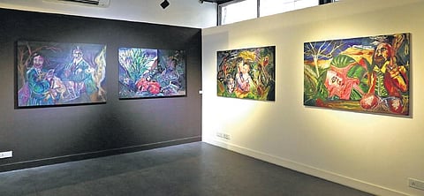 Artworks on display at the Art Heritage gallery, Triveni Kala Sangam. (Photo | Special Arrangement)