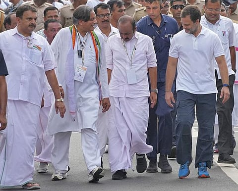 Gandhi commenced his walk from Vellayani junction in Thiruvananthapuram on Monday morning. (Photo | EPS)