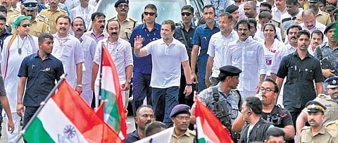 Rahul Gandhi seen waving at the crowd during the Bharat Jodo Yatra at Parassala. (File Photo| BP Deepu)