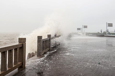 Waves generated by Typhoon Muifa break along the coast in Lianyungang in China's eastern Jiangsu province on September 14, 2022. (Photo | AFP)