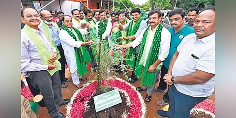 Forests and Environment Minister Indrakaran Reddy and MP Joginpally Santosh Kumar launch ‘Jammi’ tree plantation programme on Wednesday
