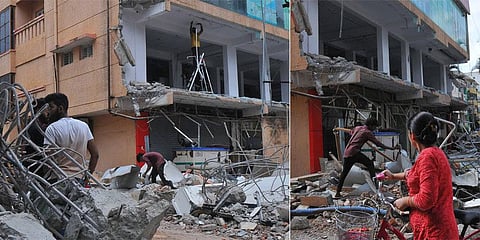 BBMP started demolition of buildings constructed encroaching on Raja Kaluve (drains) which led to water flooding and logging in recent rains at Chinnappanahalli in Mahadevapura. | Vinod Kumar T