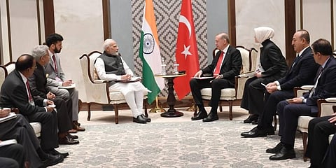 Prime Minister Narendra Modi on Friday met Turkish President Recep Tayyip Erdogan. (Photo |Twitter, @narendramodi)