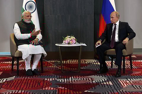 Russian President Vladimir Putin meets with India's Prime Minister Narendra Modi on the sidelines of the Shanghai Cooperation Organisation (SCO) leaders' summit in Samarkand. (Photo | AFP)