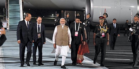 Prime Minister Narendra Modi on his arrival in Samarkand, Thursday, Sept. 15, 2022.(Photo | PTI)