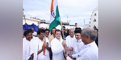 Congress leader Rahul Gandhi receiving the Tricolour from chief ministers (from right) Ashok Gehlot, M K Stalin and Bupesh Baghel to launch his party’s Bharat Jodo Yatra. (Photo | Express)