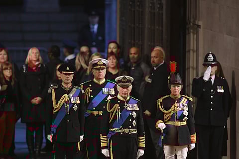 Britain's King Charles III, Britain's Princess Anne, Britain's Prince Andrew and Prince Edward attend a vigil for Queen Elizabeth II (Photo | AP)