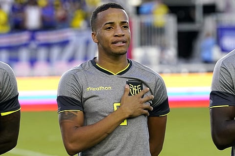 Ecuador's Byron Castillo stands for the national anthem before the team's international friendly soccer match against Cape Verde, Saturday, June 11, 2022 in Fort Lauderdale, Fla. (File Photo | AP)