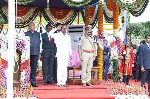Telangana Chief Minister K Chandrasekhar Rao after hoisting the national flag at at the Telangana Jateeya Samaikhya Vajrostvalu event held at Public gardens in Hyderabad. (Photo | RVK Rao, EPS)