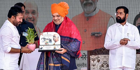 Union Home Minister Amit Shah, Maharashtra CM Eknath Shinde, Union Minister G. Kishan Reddy during celebrations of 'Hyderabad Liberation Day'.(Photo | PTI)