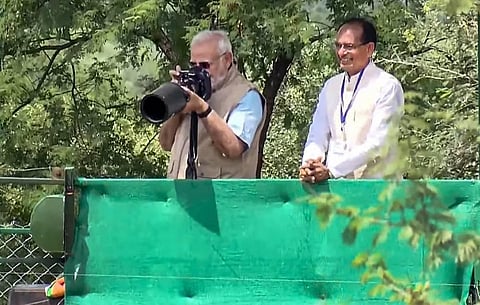 Prime Minister Narendra Modi clicks photographs as MP CM Shivraj Singh Chouhan looks on, after releasing cheetahs inside a special enclosure of the Kuno National Park in Madhya Pradesh. (Photo | PTI)