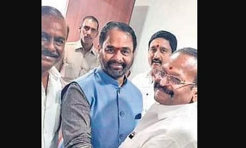 Speaker T Sitaram congratulates     Kolagatla Veerabhadra Swamy, who filed his nomination for the Deputy Speaker post on Friday | Express