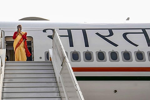 President Droupadi Murmu emplanes for London, United Kingdom, to attend the State Funeral of Queen Elizabeth II and offer condolences on behalf of the Government of India, New Delhi. (Photo | PTI)