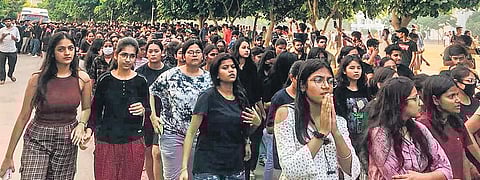 Students protesting over alleged objectionable videos, at Chandigarh University | PTI