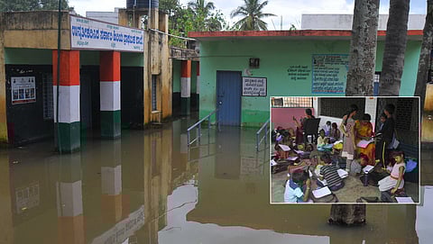 The flooded government school at Ramanagar in Karanataka (Inset) Classes being conducted at a temple. (Photo | Vinod Kumar T, EPS)