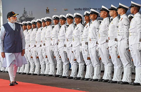Prime Minister Narendra Modi during the commissioning ceremony of the first indigenously designed and built aircraft carrier, INS Vikrant, at Cochin Shipyard Limited in Kochi. (Photo | PTI)