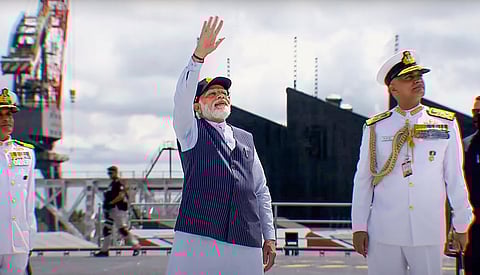 Prime Minister Narendra Modi with Chief of Naval Staff Admiral R. Hari Kumar during the commissioning ceremony of INS Vikrant (Photo | PTI)