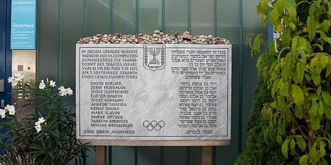 A memorial plaque for the 11 athletes from Israel and one German police officer killed in terrorist attack during the Olympic Games 1972. (Photo | AP)
