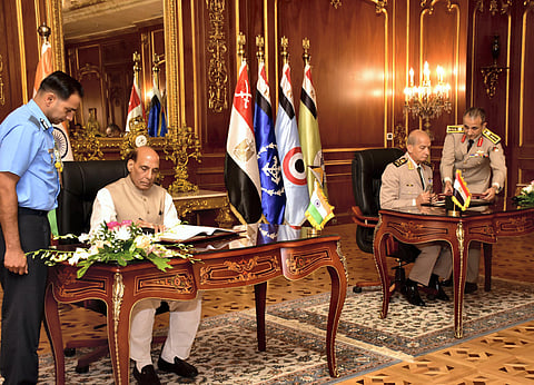 Defence Minister Rajnath Singh and his Egyptian counterpart General Mohamed Zaki sign MoUs in Cairo (Photo | PTI)