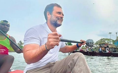 Rahul rowing a snake boat at Punnamada Lake in Alappuzha on Monday | Express