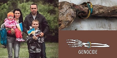 A Ukrainian defender. Kin identified him from bands on his hand; son called hand 'symbol of Ukraine’s warrior, unbreakable & courageous”. Mass graves are exhumed amid allegations of genocide by Russia