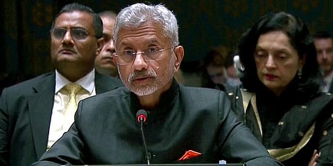 External Affairs Minister S Jaishankar speaking at UN Security Council Briefing on Maintenance of peace and security of Ukraine. (Photo |ANI)