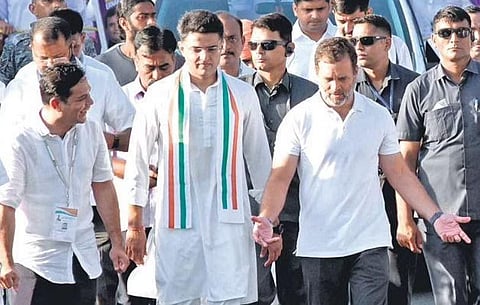 Congress leader  Rahul Gandhi with Sachin Pilot and local MP Hibi Eden during the Bharat Jodo Yatra in Kochi on Wednesday | A Sanesh