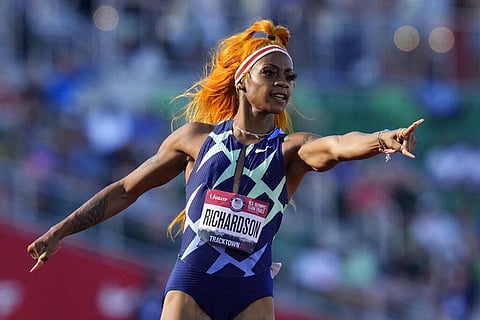 United States sprinter Sha'Carri Richardson celebrates after winning the first heat of the semis finals in women's 100-meter run at the U.S. Olympic Track and Field Trials on June 19, 2021 (Photo|AP)