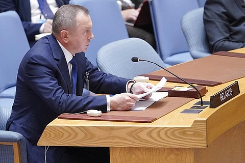 Belarus' Foreign Minister Vladimir Makei speaks during a high level Security Council meeting on the situation in Ukraine on Sept. 22, 2022 at United Nations headquarters. (Photo | AP)