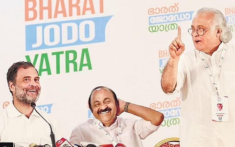 Rahul Gandhi and VD Satheesan are all smiles as Jairam Ramesh makes a point during the press conference on the sidelines of the Bharat Jodo Yatra at Angamaly on Thursday | TP Sooraj