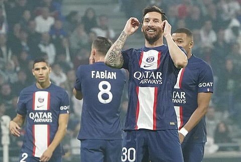 PSG's Lionel Messi celebrates after scoring his side's opening goal. (Photo | AP)