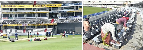 Workers busy preparing the pitch at Rajiv Gandhi International Stadium for the India vs Australia T20 match to be held on Sunday while chairs get a scrub | Vinay Madapu