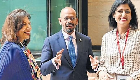 Kiran Mazumdar-Shaw, Aditya Ghosh and LWL CEO & founder Aabha Bakaya caught in a candid moment before the event | NAGARAJA GADEKAL