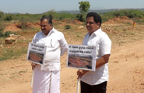 MPs B Manickam Tagore and Su Venkatesan at the AIIMS site. (Photo | K K Sundar, EPS)