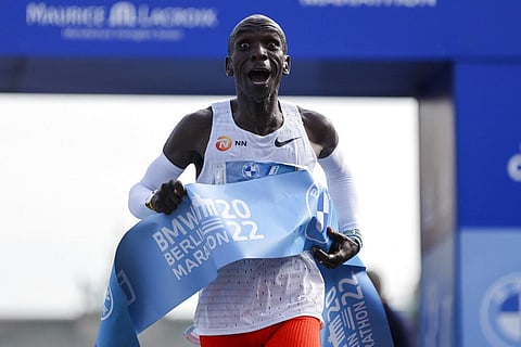 Kenya's Eliud Kipchoge crosses the line to win the Berlin Marathon in Berlin, Germany on Sept. 25, 2022. (Photo | AP)