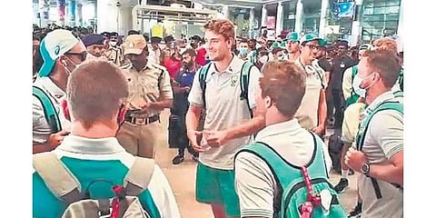 Members of the Australian team arrive at the Rajiv Gandhi International Airport in Hyderabad on Saturday