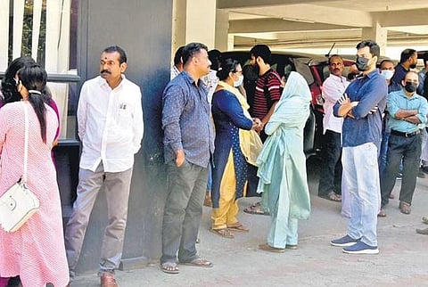 Parents of Ukraine-returned students protest in front of a private overseas education consultancy firm in Kochi on Saturday | A Sanesh
