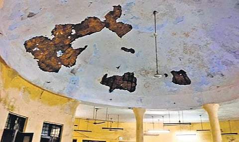A view of the damaged walls and corridor of Sabarmati and Periyar hostels in JNU campus | express