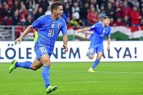 Italy's Giacomo Raspadori celebrates scoring a goal, during the UEFA Nations League. (Photo | AP)